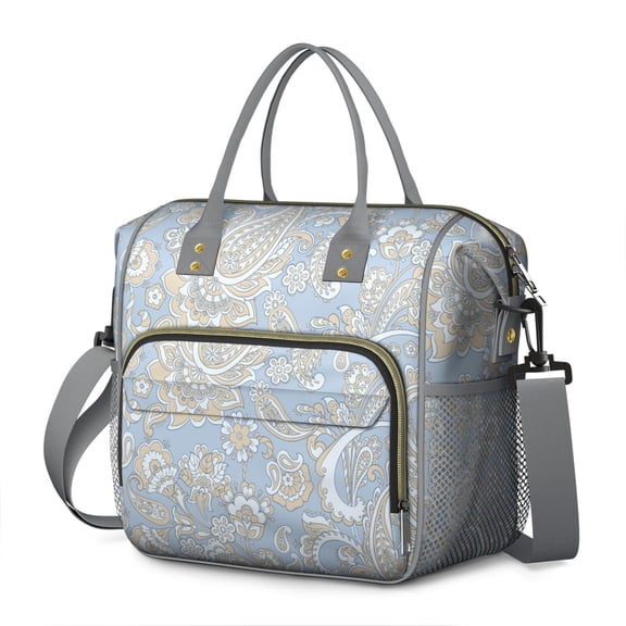 Reusable Lunch Tote with Vintage Paisley Artwork – Decorative Ethnic Floral Insulated Lunch Box for Women Dual Compartments and Strap