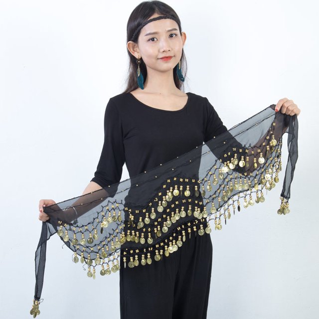 Cadena de cintura para danza del vientre con 128 monedas de oro, cinturón de gasa de tres capas, accesorios para bufanda de cadera