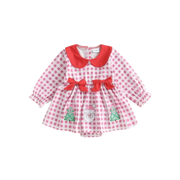 Miaouyo Infant Baby Girl Christmas Romper Dress 0 3 6 12 18 Months Plaid Print Santa Tree Embroidery Jumpsuit Long Sleeve Doll Collar Bodysuit