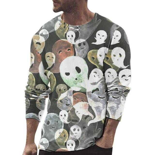 T-shirt à Col Rond à Manches Longues pour Homme, Automne et Hiver, Grande Taille, Décontracté, Rétro, Imprimé Intégral, Festival d'Halloween