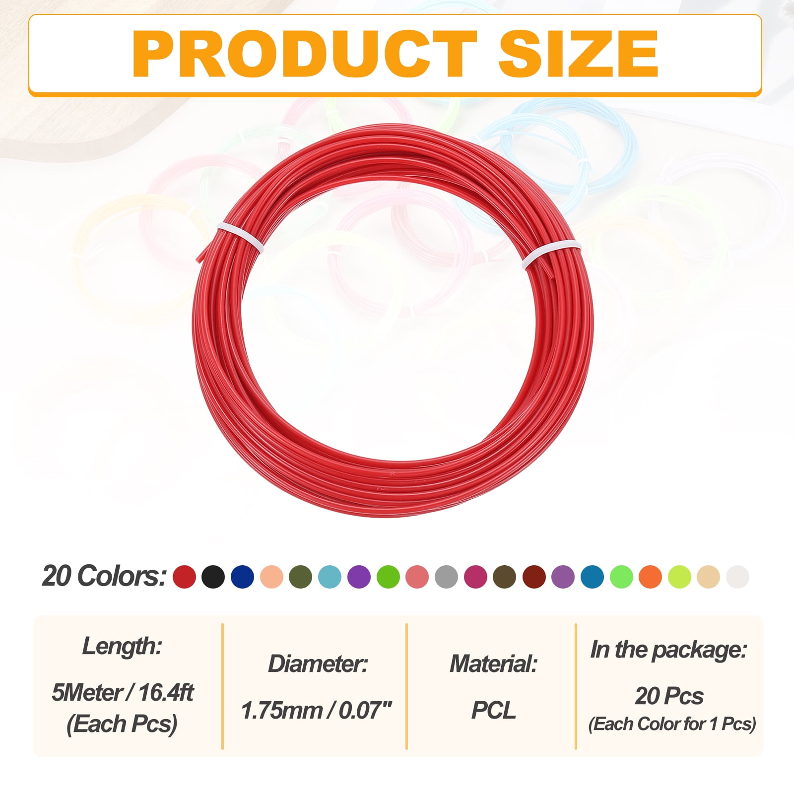 Uxcell 20 Colors 3D Pen Filament, 1.75mm Each 16.4FT, Total 328FT PCL Filament Refills Low Printing Temperature for 3D Drawing Pens