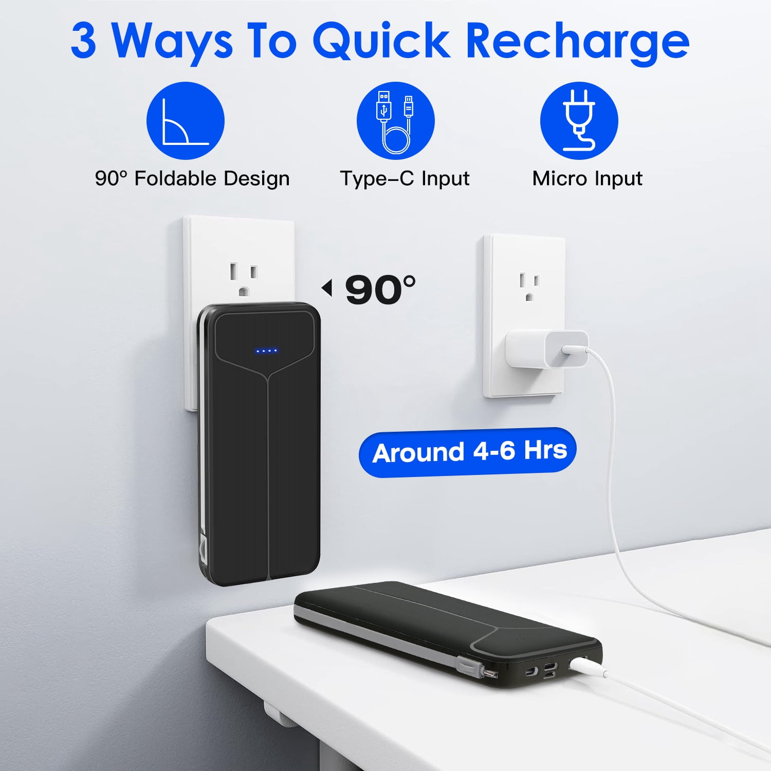 Cell Phone Portable Charger, iMounTEK External Battery Pack with Built-in Cables&AC Wall Plug, 10000mAh Power Bank, Black