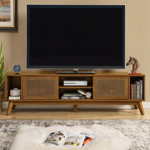 Dtwnek Mid Century Modern Rattan TV Stand for TVs up to 75", Entertainment Cabinet with Door and Open Shelf, Media Console for Living Room, Media Room, Light Brown