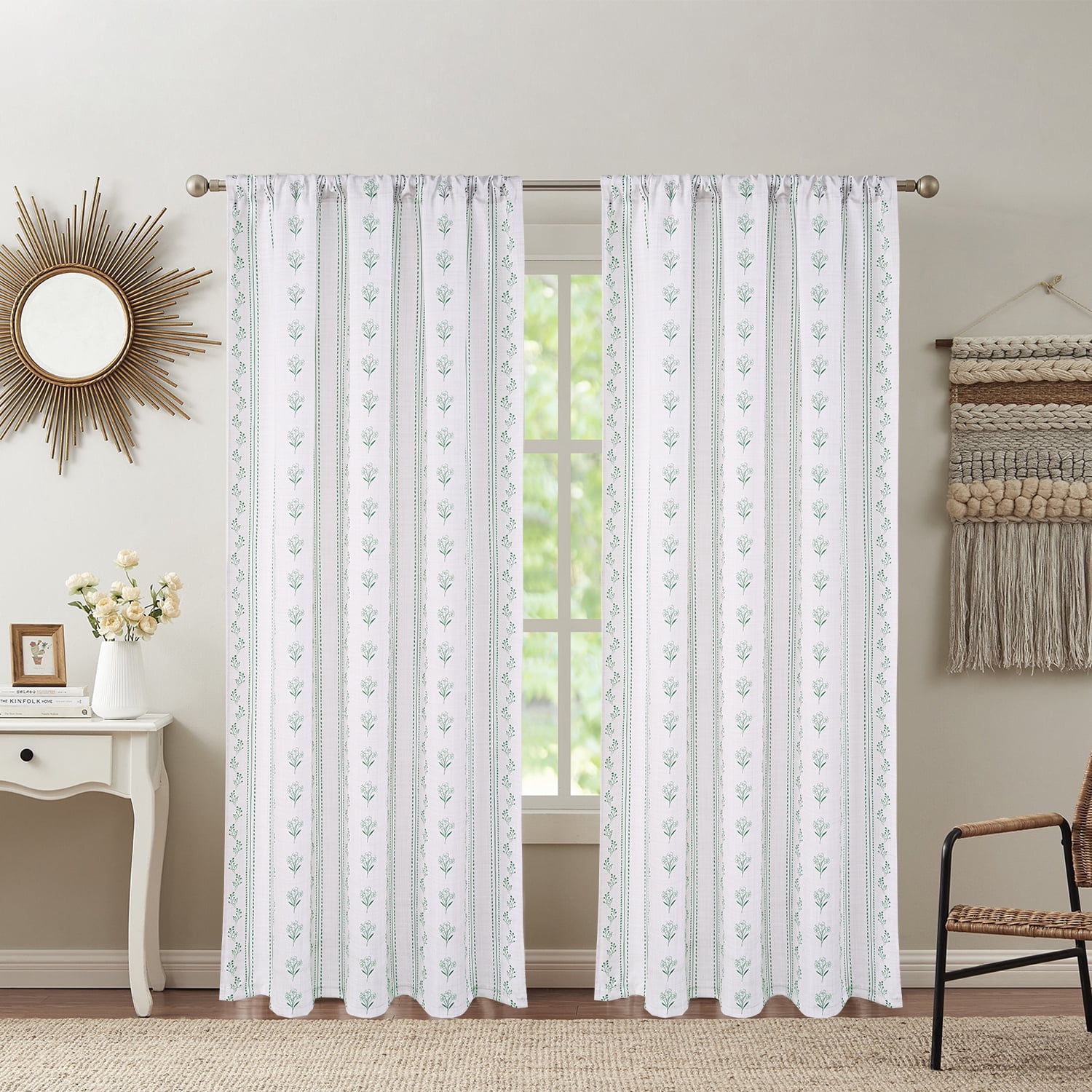 Invoibler Floral Print Curtain Panels, Light Filtering Window Drapes for Bedroom and Living Room, Sage Green, 52" W x 84" L, Set of 2