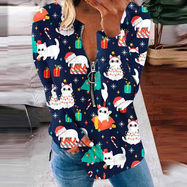 Pntutb, camiseta informal de manga larga con cuello en V de Navidad para mujer, blusa holgada con estampado de otoño, tops con cremallera Pntutb Pntutb-5375