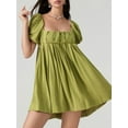 thumbnail image 6 of Women's Summer Babydoll Short Dresses Solid Color Short Puff Sleeve Square Neck Cross Tie Back Dress, 6 of 10