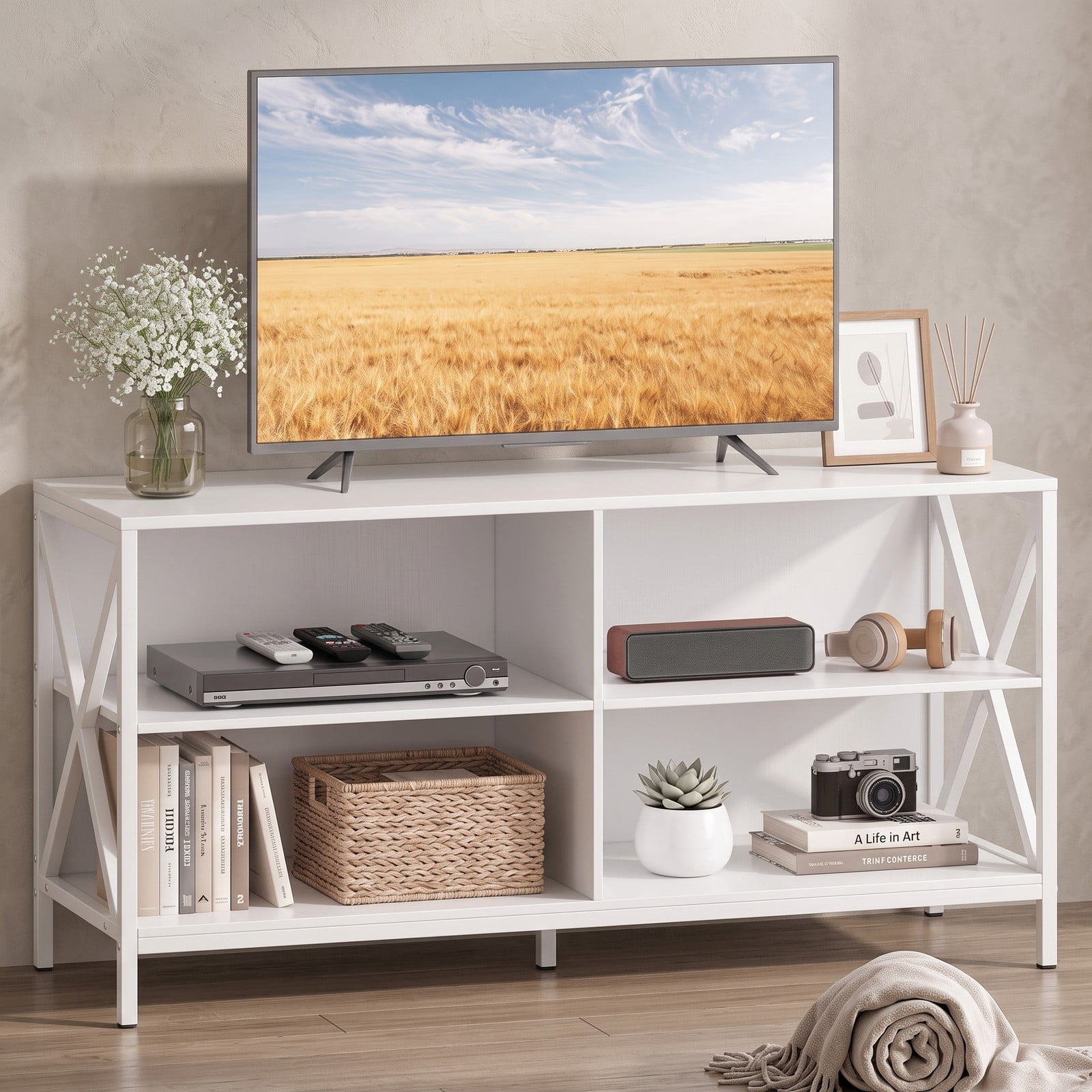 Furnibear Wooden TV Stand Entertainment Center for TVs up to 55 Inch, X-Shaped Metal Frame Media Console with Open Storage Compartments for Living Room, White & Black