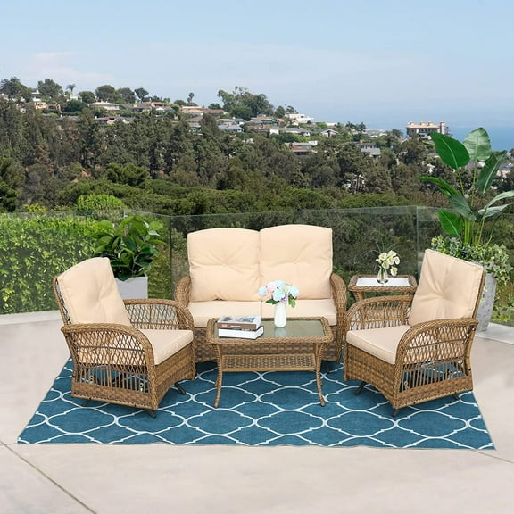 VIVIJASON 5-Piece Outdoor Patio Wicker Conversation Sets, All Weather Outdoor Rattan Furniture Set Includes Glider Loveseat, 2 Coffee Table, 2 Glider Rocker Chairs with Cushions, Light Brown