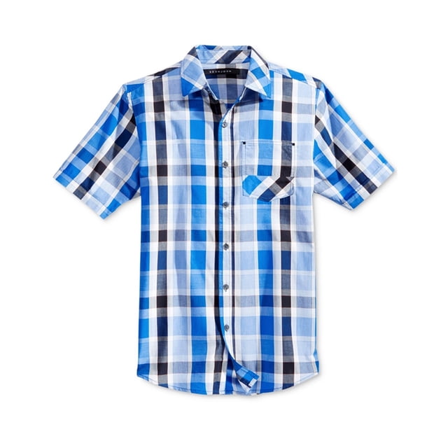 Sean John Mens SS Plaid Button Up Shirt, Azul, Grande Sean John Botones al frente