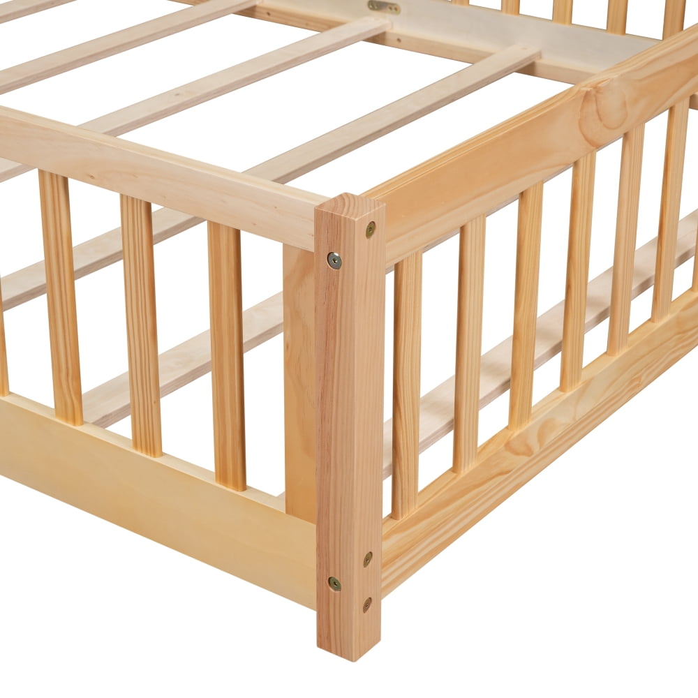 Queen Size Floor Platform Bed with Safety Fence Guardrails and Door, Durable Montessori Floor Bed with with Wood Slats, Floor Height Queen Bed Frame for Kids Boys Girls and Teens, Natural