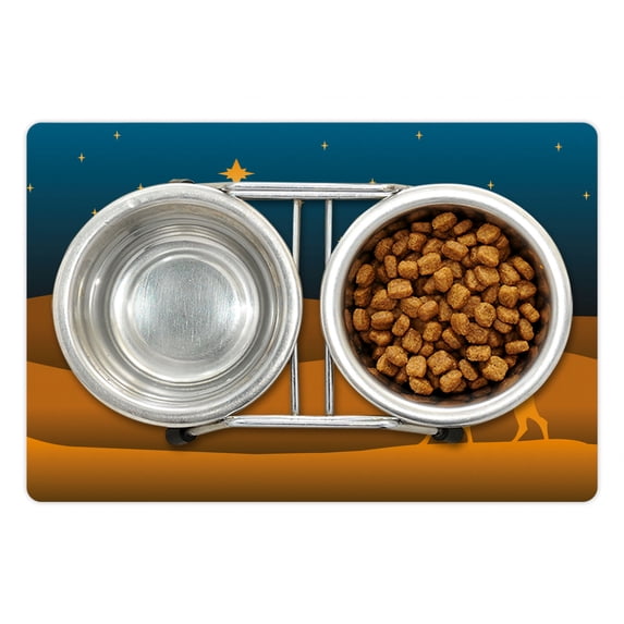 Desert Pet Mat for Food and Water, Nighttime Dunes and a Camel Stars in the Sky, Non-Slip Rubber Mat for Dogs and Cats, 18" X 12", by Ambesonne