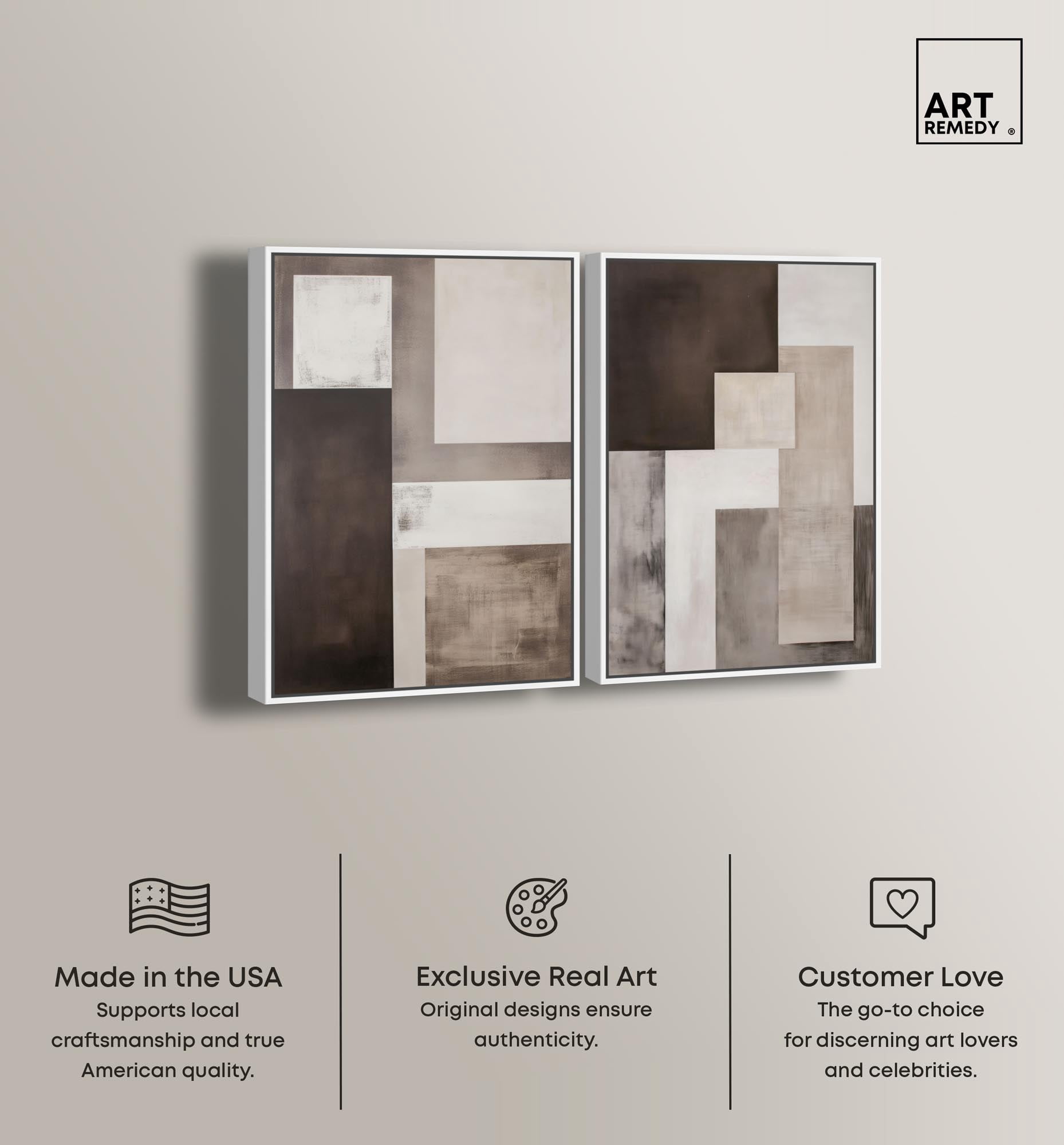 Quiet Geometries Set Canvas Print Brown Wall Art Set by Art Remedy, White Frame, 24 x 36