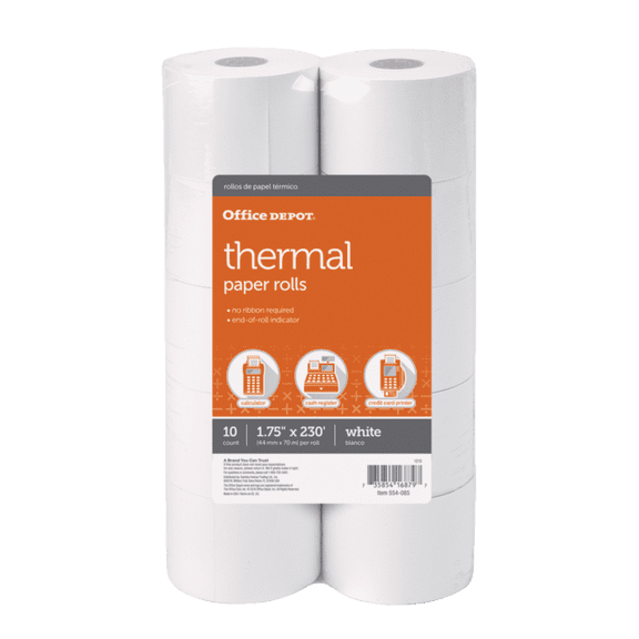 Office Depot Adding Machine Thermal Paper Rolls, 1 3/4in. x 230ft., White, Pack Of 10 Rolls, 554085