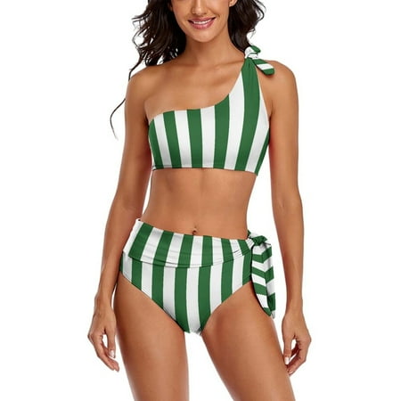 Aesthetic Leaf Green And White Vertical One Shoulder Bowknot Swimsuit Two Piece Swimsuit Knot Crop Top Bikini High Waisted Bathing Suit