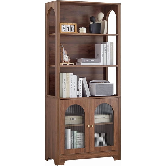 71" Tall Cabinet Bookcase with Glass Doors, 5-Tier Arched Book Shelf with Open & Adjustable Shelves, Wooden Large Bookshelf, Display Storage Cabinet for Living Room, Office (Walnut)