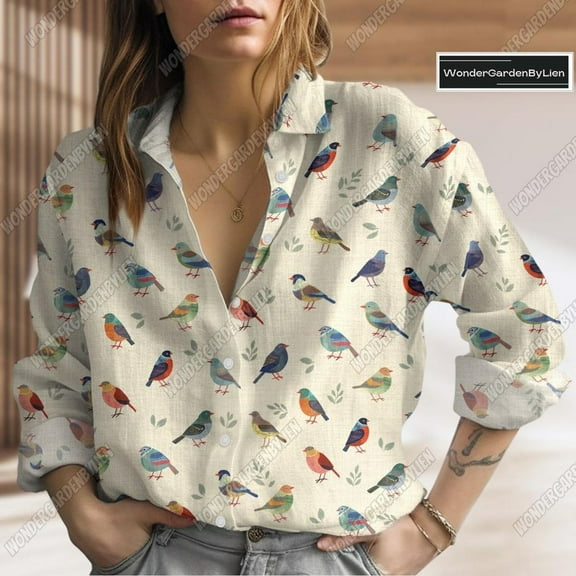 Bird And Leaf Blouses Shirt, Bird Pattern Women Casual Shirt, Women's Clothing, Button Up Shirt, Long Sleeve Shirt, Gift For Her
