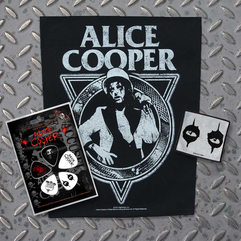 Alice Cooper Officially Licensed Gift Set - 1 Back Patch, 1 Standard Woven Patch, 1 Set of five Guitar Picks
