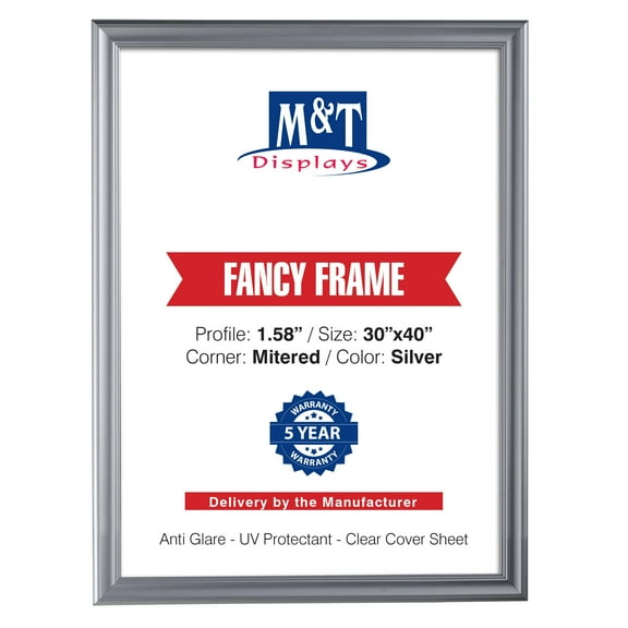 M&T Displays Fancy Front Loading Snap Picture Frame Poster Size 1.58" Silver Color Profile, Mitered Corner (30x40)