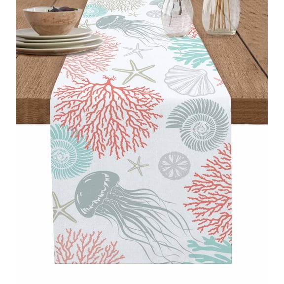 Ldtrchee Jellyfish Coastal Table Runner 72 Inches, Teal Red Coral Starfish Bed Runner Dresser Scarves Tabletop for Indoor Outdoor Parties/Ceremony/Banquet, 14" x 72"