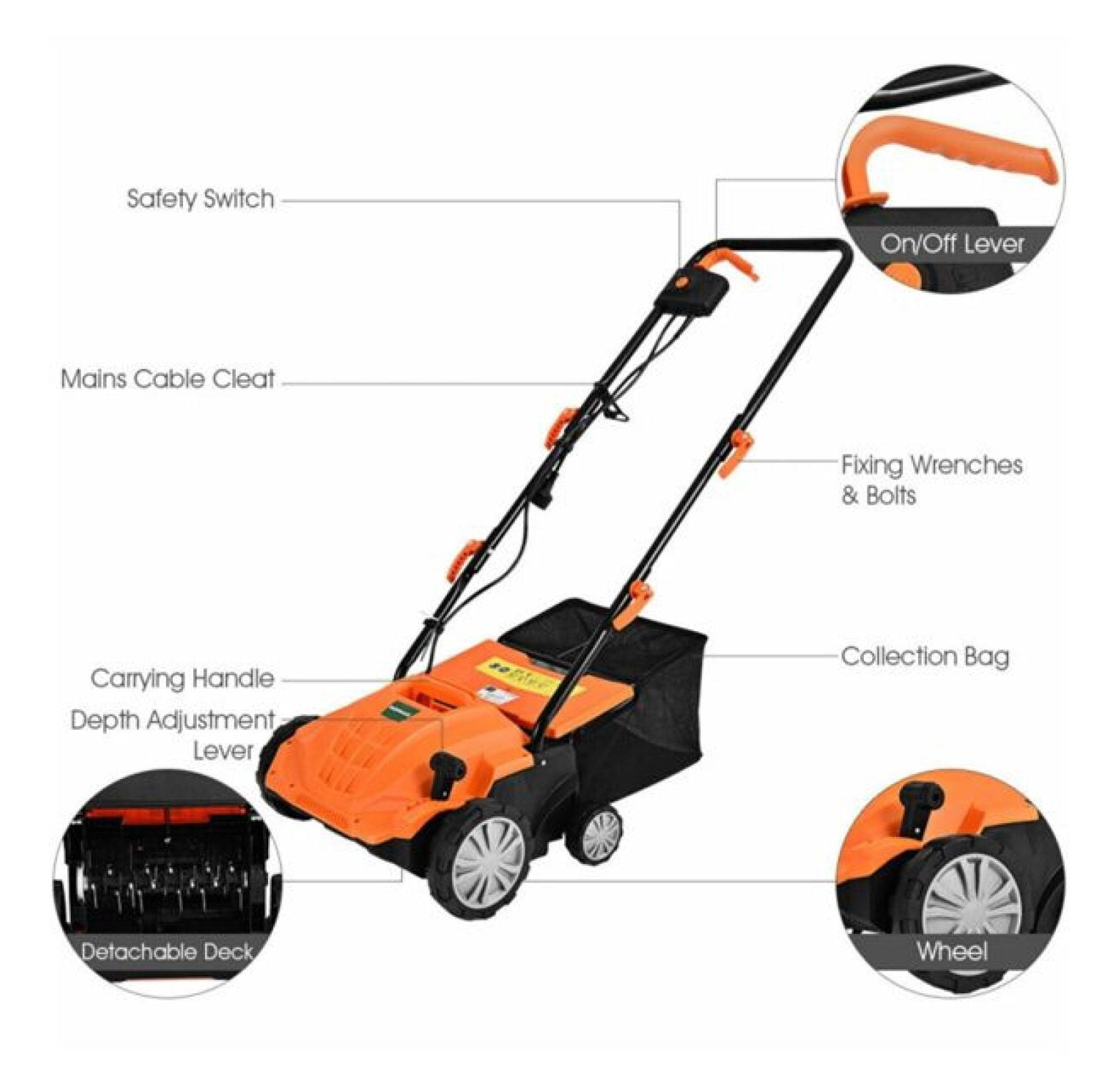 13" Electric Lawn Dethatcher w/ Collection Bag and Removable Blades -Orange