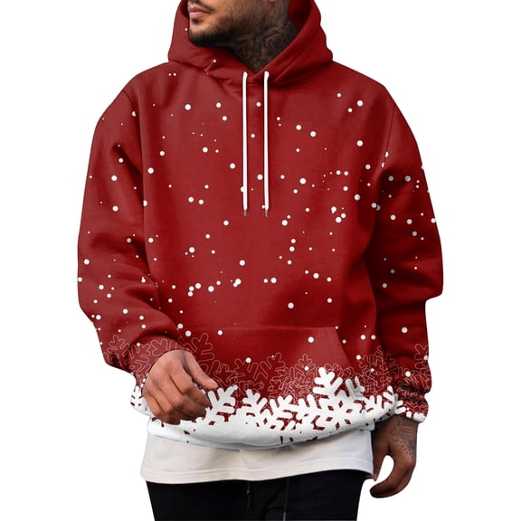 Men’s Pullover Hoodie with Drawstring Hood and Snowflake Print Casual Long Sleeve Sweatshirt for Everyday Wear Deep Red L