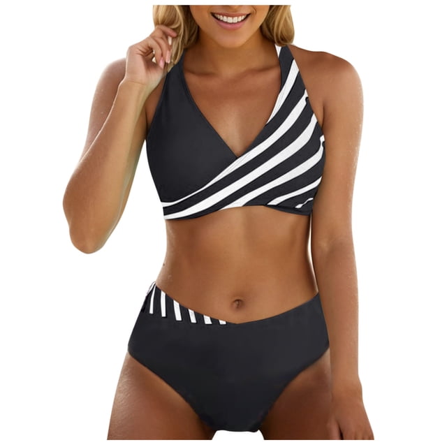 YuYuBao Womens Swimsuits Stripe Print Tummy Control Push Up Tops with Bottom High Waist 2 Pieces Bathing Suits