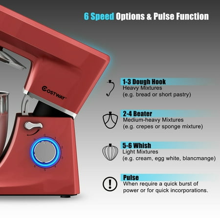 Costway - Tilt-Head Stand Mixer 7.5 Qt 6 Speed 660W with Dough Hook, Whisk & Beater - Red