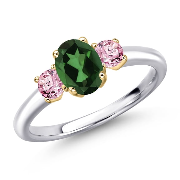 Gem Stone King 925 Silver and 10K Yellow Gold Emerald Envy Mystic Topaz and Pink Lab Grown Diamond Engagement Ring for Women | 1.16 Cttw | Oval 7X5MM | Gemstone November Birthstone | Size 5