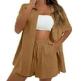 thumbnail image 2 of ZJXFGS Linen Short Sets for Women Beach Vacation Outfits Lounge Tracksuits Fashion Cardigan Short Sleeve Shorts 2 Piece Set Woman Coffee XL, 2 of 6