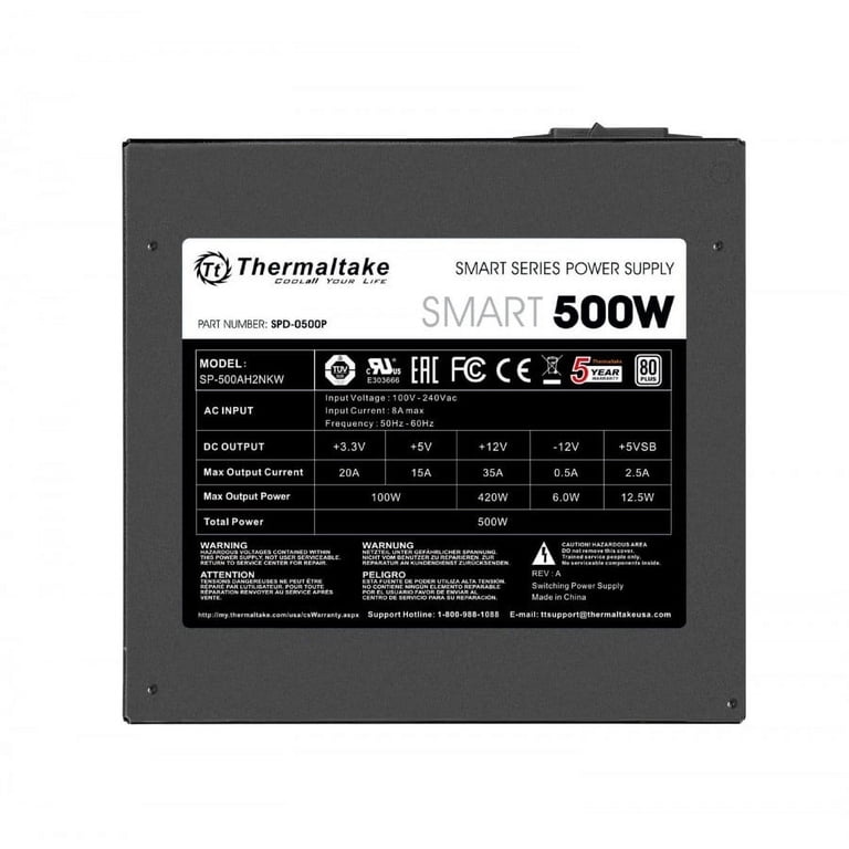 Alimentatore Thermaltake Smart W3 500W ATX 3.1 – 80 Plus White, Ventola Silenziosa 120 Mm Con Cuscinetto Idraulico, Cavi A Nastro