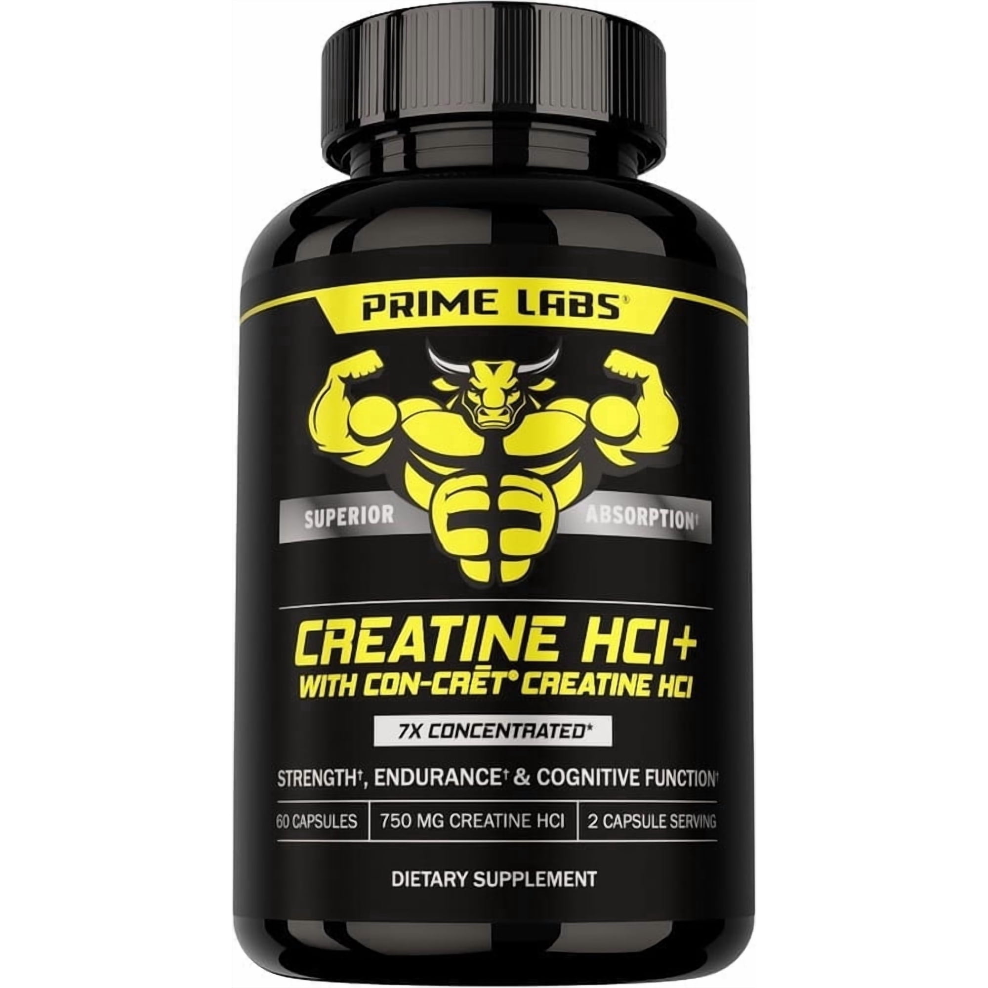 Prime Labs Creatine HCl Capsules - with CON-CRĒT®, Rhodiola Root Extract, & L-Theanine - Muscle Support, Endurance, Cognitive Function - for Men & Women - 60 Pills