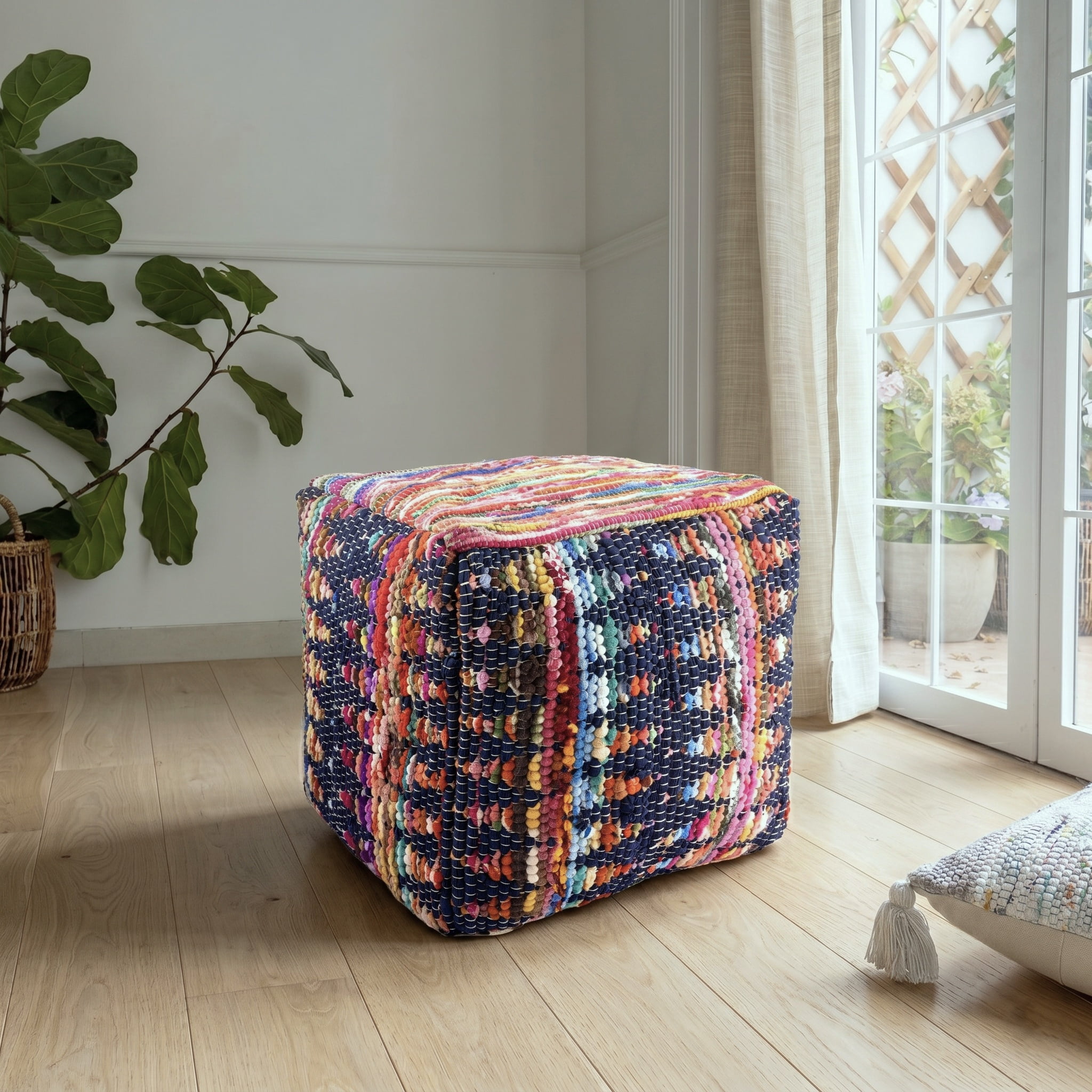 Ox Bay Dixon Chindi Striped Medium Square Indoor Pouf Ottoman, 18" H x 18" W