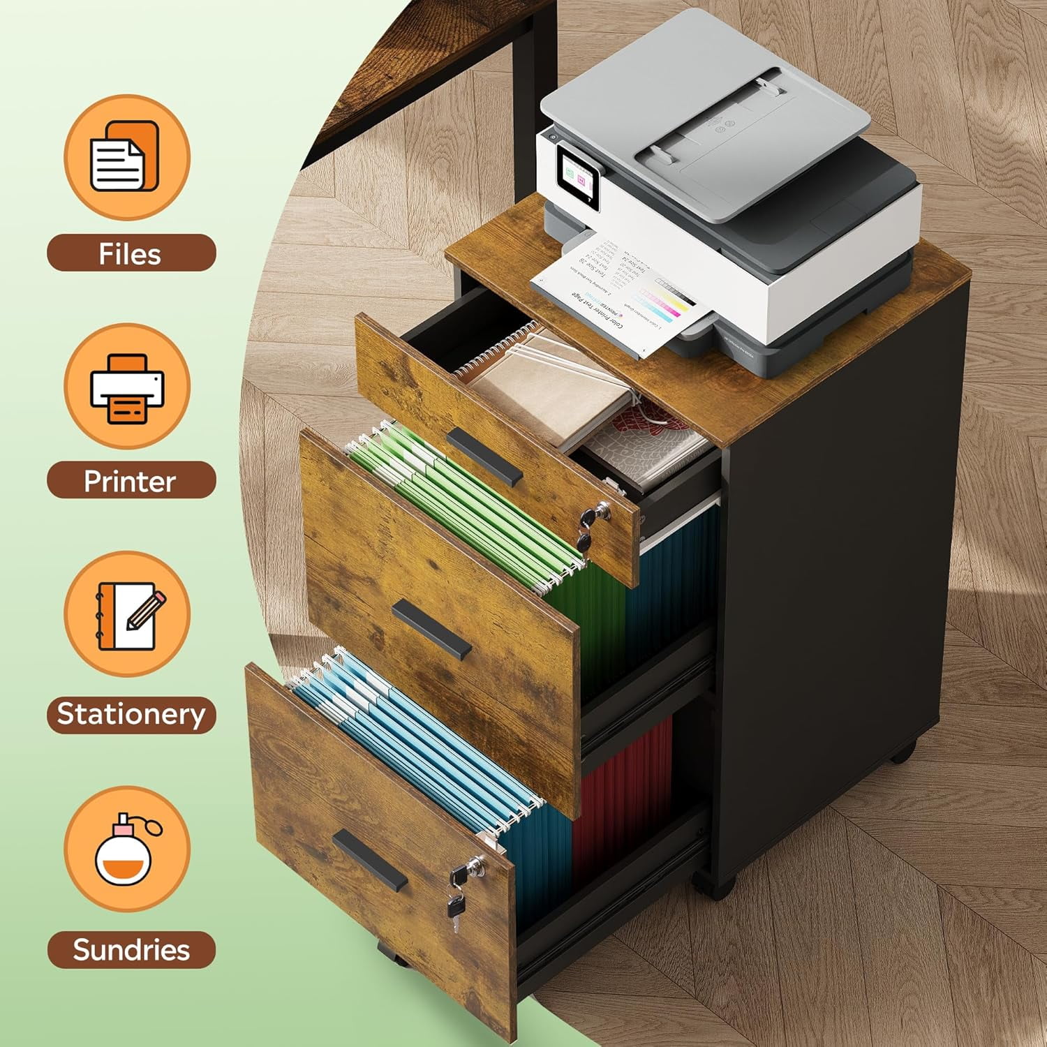 3 Drawer Rolling File Cabinet with Lock, Wood Filing Cabinet fits Letter / A4 Size for Home Office, Rustic Brown