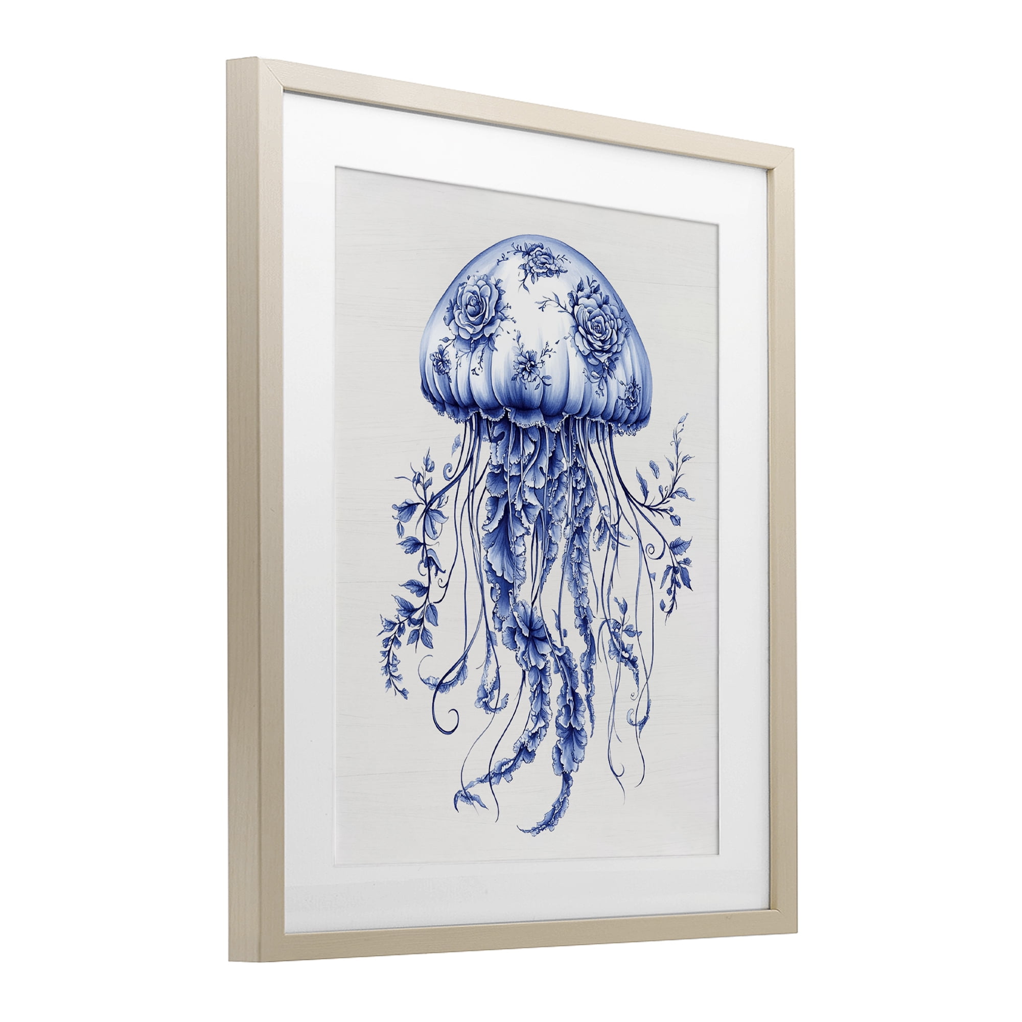 Funky Toile Jellyfish Birch Framed Print Under Glass, design by Lettered and Lined