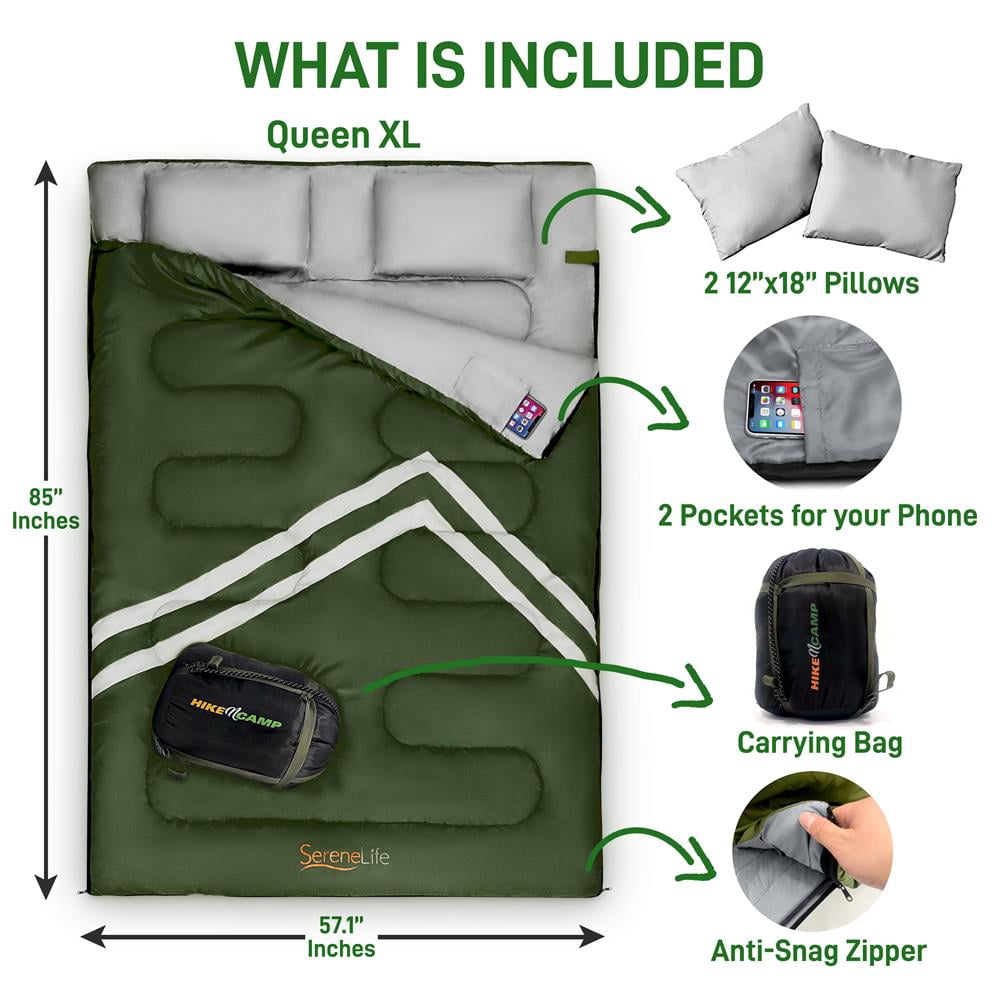 SereneLife SLSBX9 - Double Sleeping Bag with Two Pillows- Lightweight & Waterproof Sleeping Bag for Adults or Teens, For Camping, Backpacking or Hiking, Includes Carrying Bag