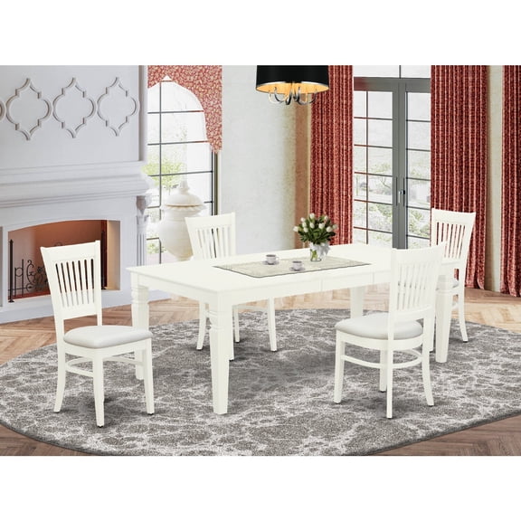 HomeStock Classic Charm 5-Pc Dining Room Table Set-4 Wooden Dining Chairs With Slatted Back And Linen Fabric Seat-A Dinner Table With Butterfly Leaf And Rectangular Top And 4 Legs- Linen White Finish