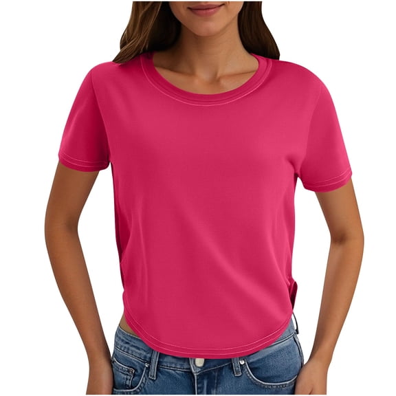 Staron Women's Casual T-Shirt Round Neck Short Sleeve Irregular Hem Solid Color Loose Fit Basic Top, Hot Pink XXL