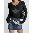 thumbnail image 5 of Liacowi Women's Long Sleeve T-shirts Autumn Fitted Crop Tops Black Rhinestone Star Print T-shirts, 5 of 9