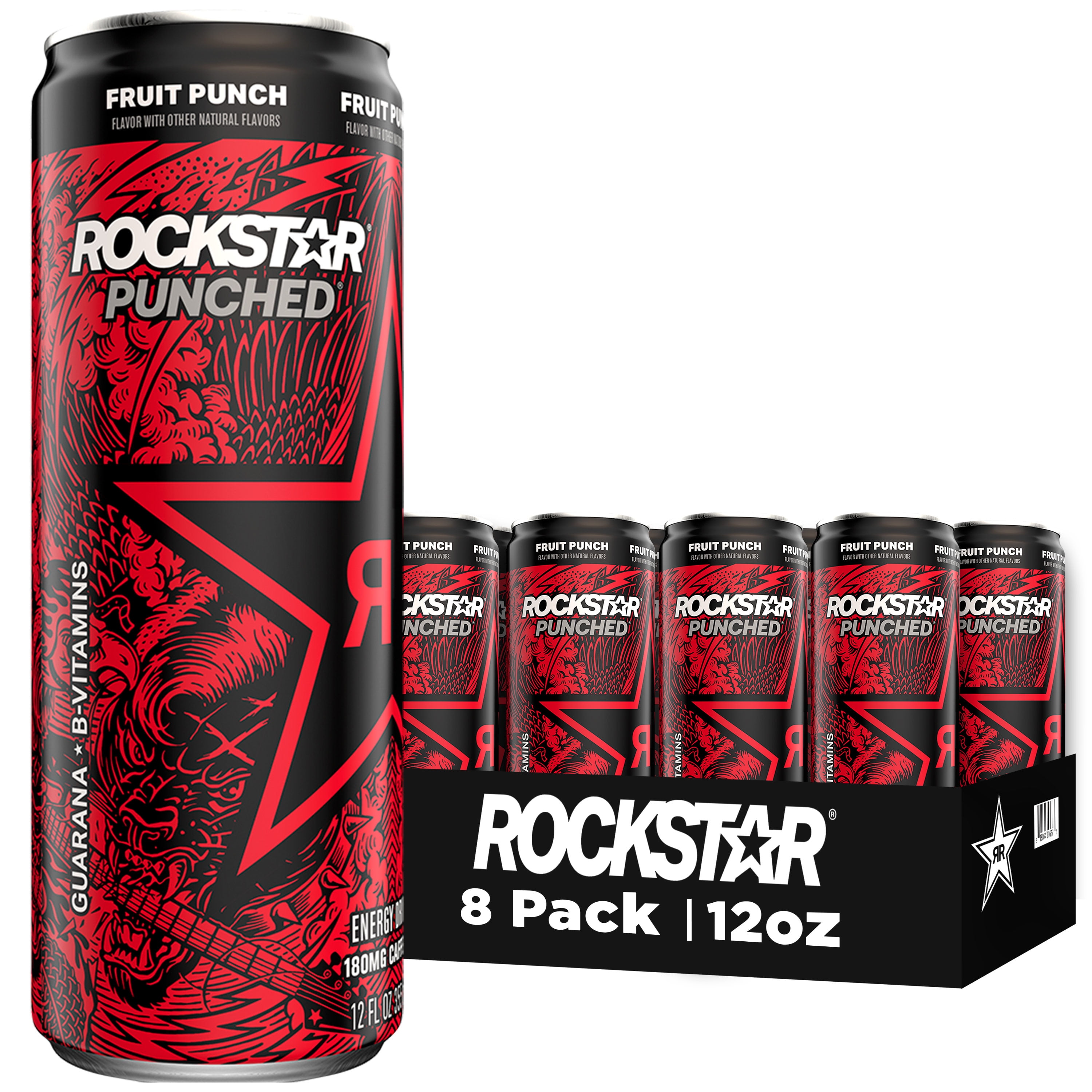 Rockstar Punched Energy Drink, Fruit Punch, 16oz Cans, Case of 12