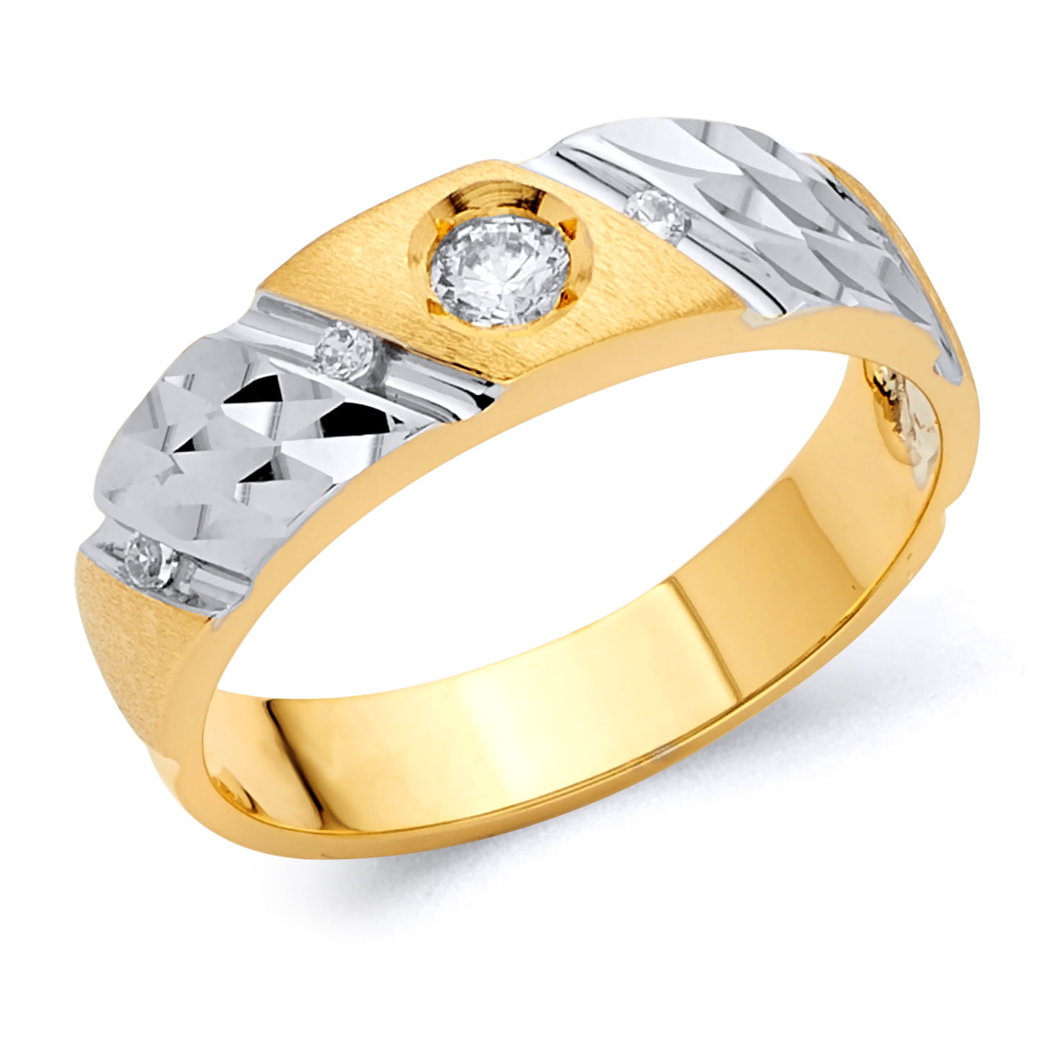 Wellingsale Mens 14K Two 2 Tone White and Yellow Gold Polished Diamond Cut CZ Cubic Zirconia Wedding Ring Band