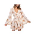thumbnail image 4 of FOCUSNORM Femmes Sexy Tie-up Robe Fleur Impression Flare Manches V-neck une Seule Pièce, 4 of 9