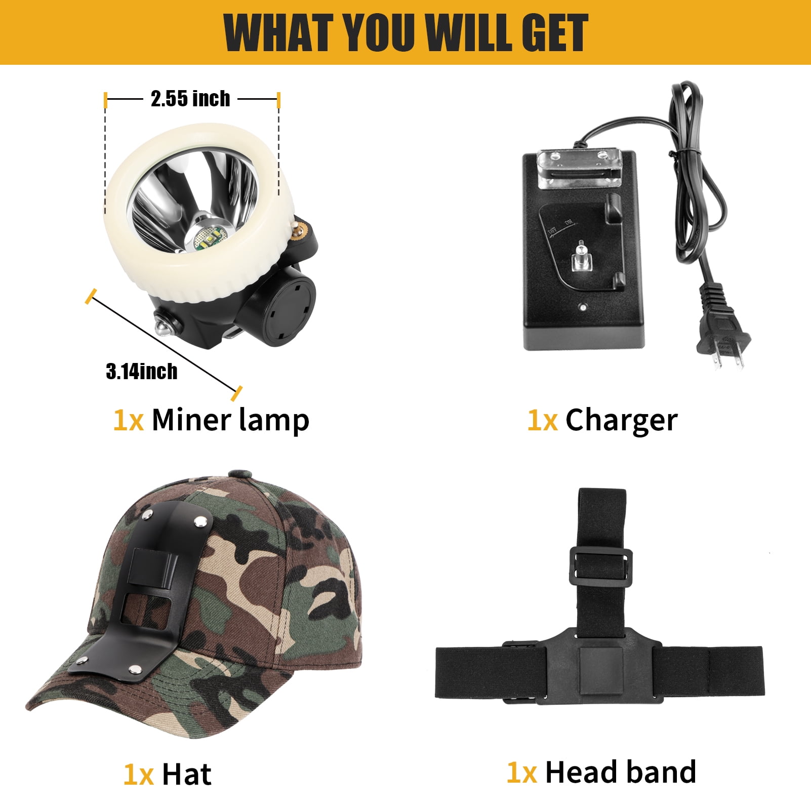 Yongkist Rechargeable LED Mining Headlamp with Hard Hat, Waterproof White Light, Camouflage Miner Cap, Durable Headlight for Underground Work and Outdoor Use