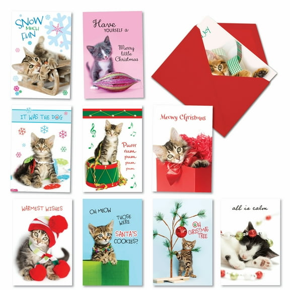 10 Assorted Set Funny Christmas Greeting Cards - Meowy Holidays - Funny Xmas Felines in Various Holiday Scenes