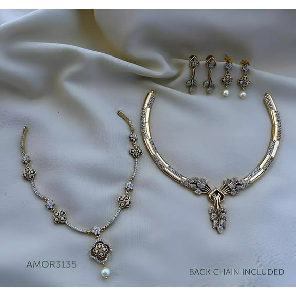 Haya Jewel South Indian Bollywood Floral Design White Kemp Stone Hasli Choker & Necklace Combo Set – Gold Plated Matte Finish with Drop Earrings – 2 Combo Set.