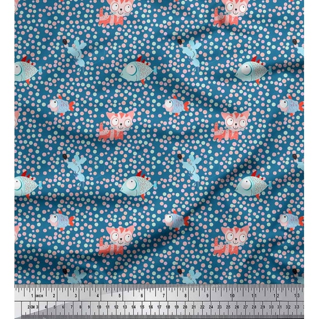 Soimoi Poly Georgette Fabric Dot,Fish & Cat Kids Print Fabric by The Yard 42 Inch Wide