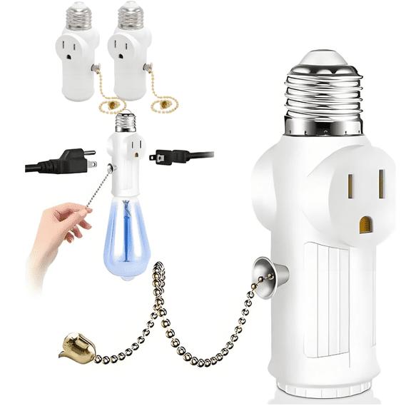 SHUWND 2 PACKS E26 Light Socket to Plug Adapter, Heat-Resistant 2/3 Prong Light Socket Outlet Light Socket Adapter for Garage Porch, White