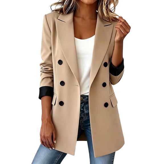 Hueook Women Fall Blazer Prom Wedding Business Casual Long Sleeve Lapel V-neck Button Long Suit Jacket Khaki 3X