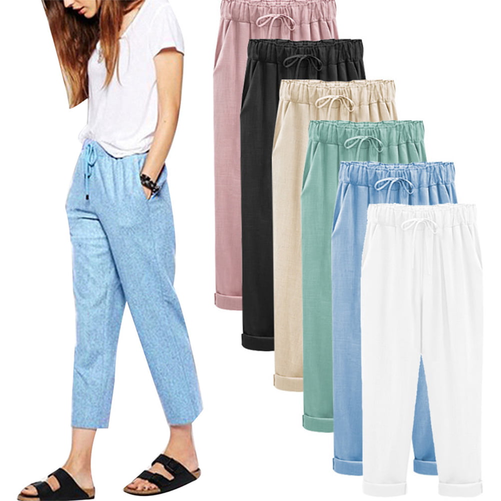 Koszal Solid Color Cotton Linen Cropped Trousers Loose Women Drawstring