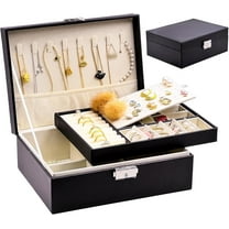 Jewelry Case,Jewelry Boxes for Women Girls,2 Layers Leather Jewelry Organizer Case with Lock,Storage Box Removable Tray for Necklace Earring Ring,Black