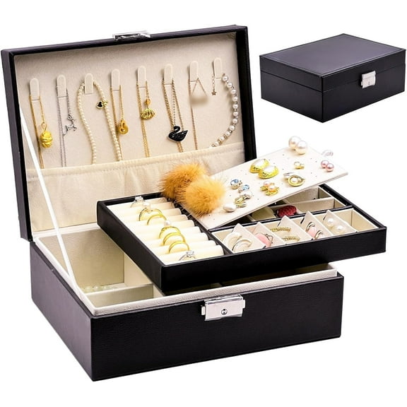 Jewelry Case,Jewelry Boxes for Women Girls,2 Layers Leather Jewelry Organizer Case with Lock,Storage Box Removable Tray for Necklace Earring Ring,Black